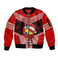 Personalised Tonga Christmas Sleeve Zip Bomber Jacket Tongan Coat of Arms Santa With Ngatu Pattern Christmas Red Style LT03 Unisex Red - Polynesian Pride