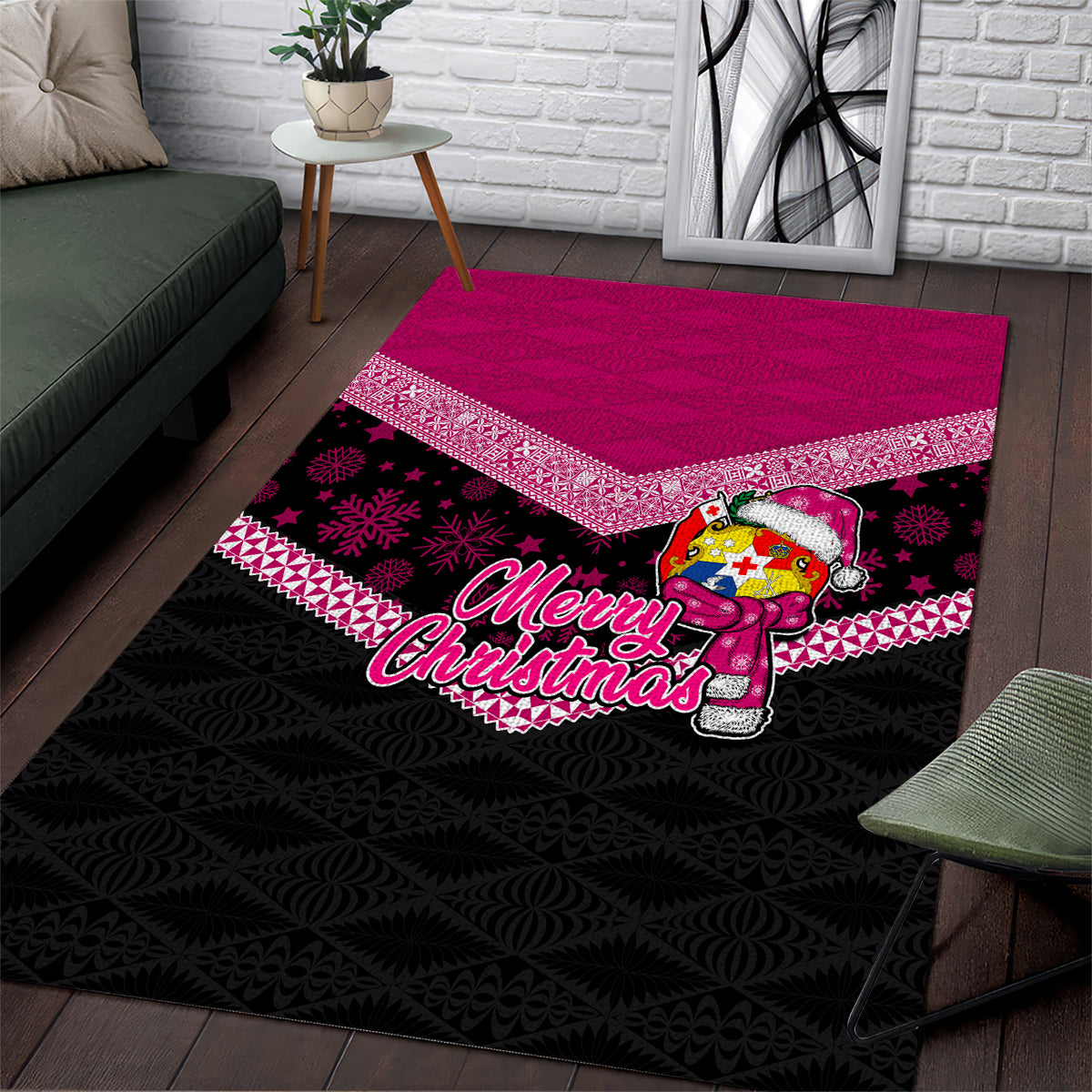 Tonga Christmas Area Rug Tongan Coat of Arms Santa With Ngatu Pattern Christmas Pink Style LT03 Pink - Polynesian Pride