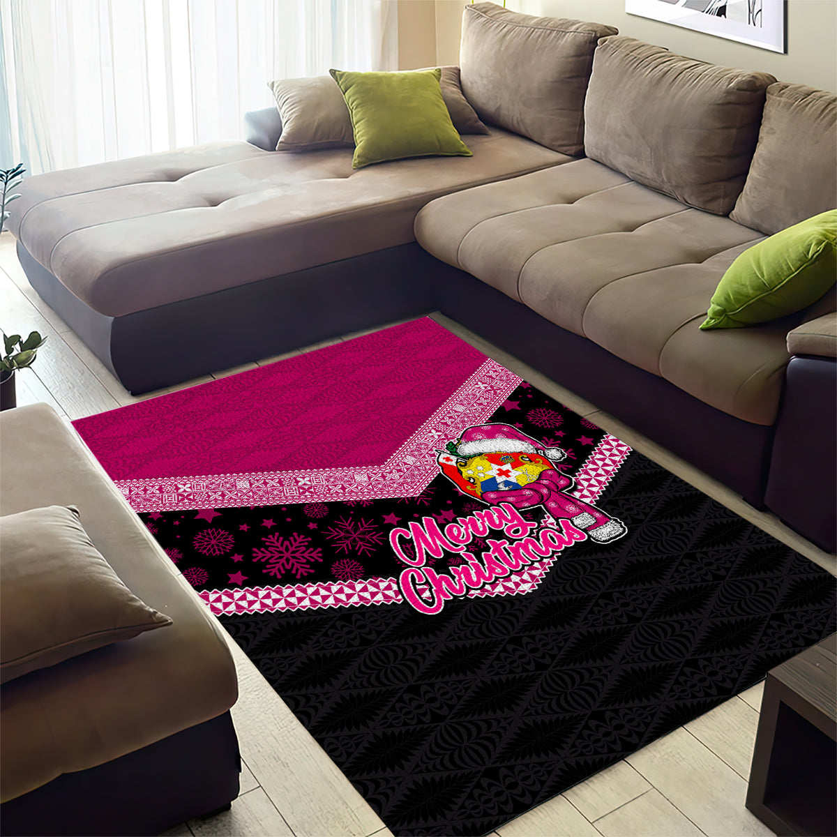 Tonga Christmas Area Rug Tongan Coat of Arms Santa With Ngatu Pattern Christmas Pink Style LT03 - Polynesian Pride