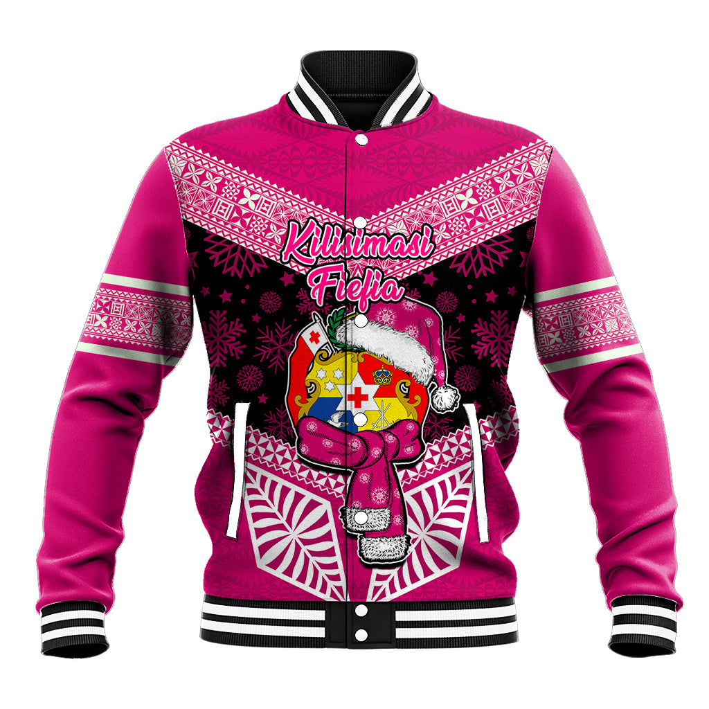 Tonga Christmas Baseball Jacket Tongan Coat of Arms Santa With Ngatu Pattern Christmas Pink Style LT03 Unisex Pink - Polynesian Pride