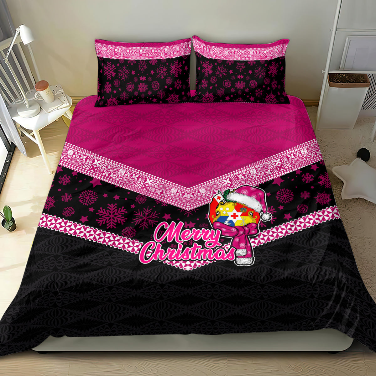 Tonga Christmas Bedding Set Tongan Coat of Arms Santa With Ngatu Pattern Christmas Pink Style LT03 - Polynesian Pride