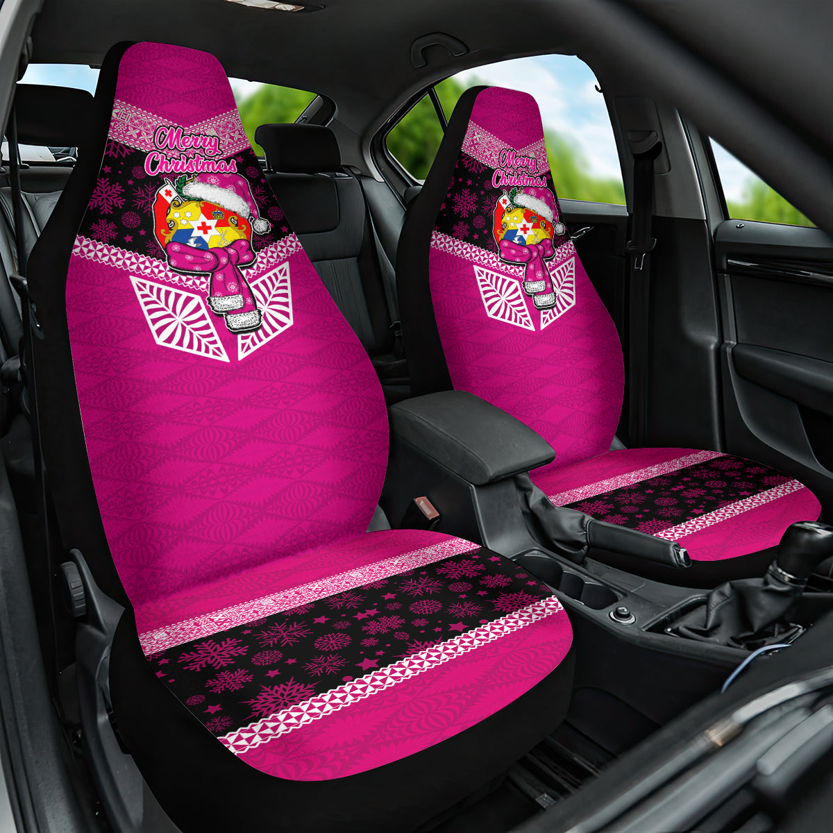 Tonga Christmas Car Seat Cover Tongan Coat of Arms Santa With Ngatu Pattern Christmas Pink Style LT03 One Size Pink - Polynesian Pride