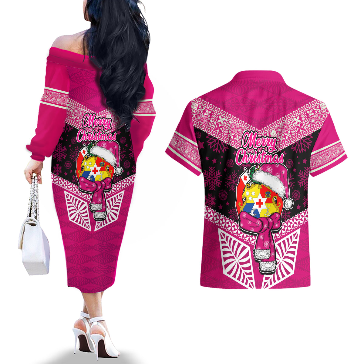 Tonga Christmas Couples Matching Off The Shoulder Long Sleeve Dress and Hawaiian Shirt Tongan Coat of Arms Santa With Ngatu Pattern Christmas Pink Style LT03 - Polynesian Pride