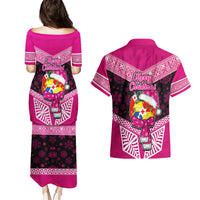 Tonga Christmas Couples Matching Puletasi Dress and Hawaiian Shirt Tongan Coat of Arms Santa With Ngatu Pattern Christmas Pink Style LT03 - Polynesian Pride