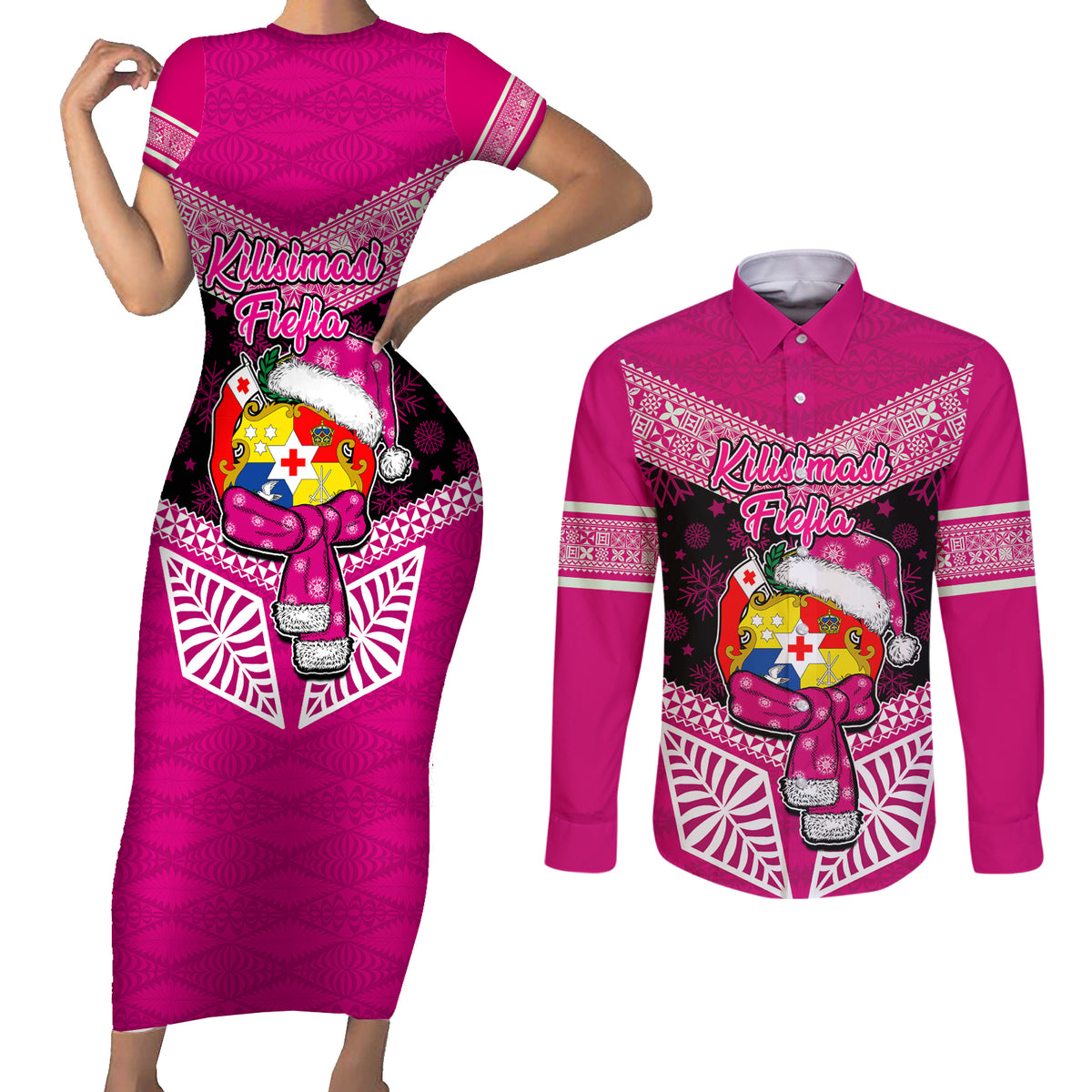 Tonga Christmas Couples Matching Short Sleeve Bodycon Dress and Long Sleeve Button Shirts Tongan Coat of Arms Santa With Ngatu Pattern Christmas Pink Style LT03 Pink - Polynesian Pride
