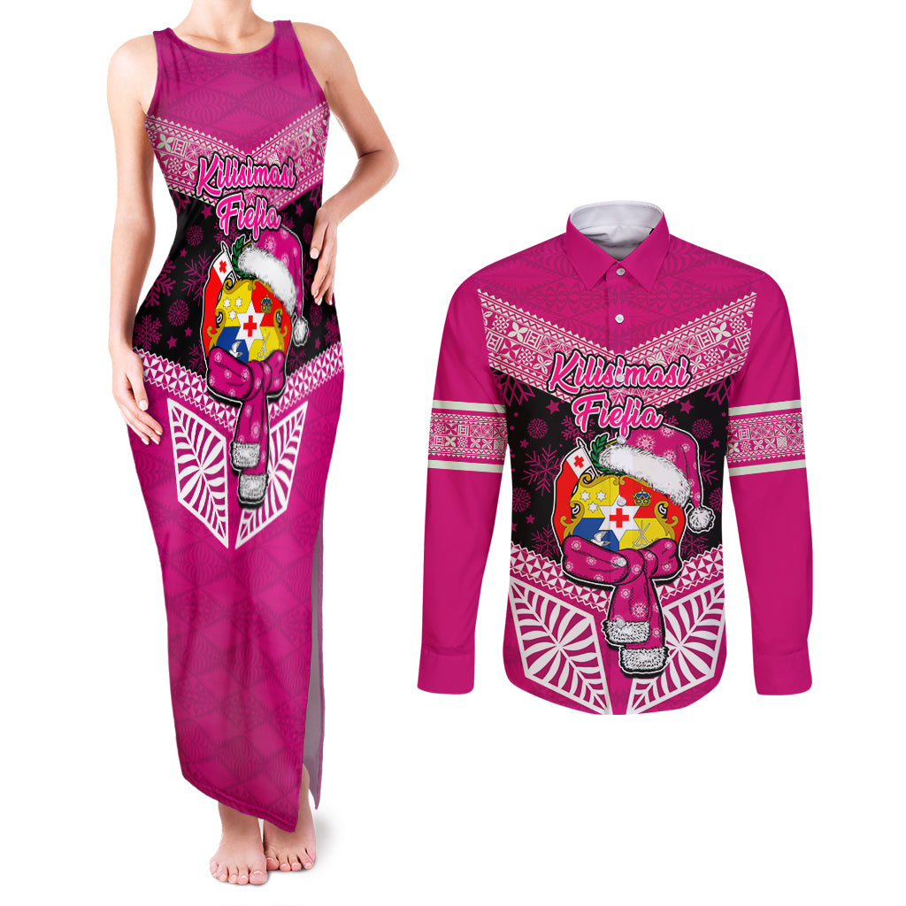 Tonga Christmas Couples Matching Tank Maxi Dress and Long Sleeve Button Shirts Tongan Coat of Arms Santa With Ngatu Pattern Christmas Pink Style LT03 Pink - Polynesian Pride