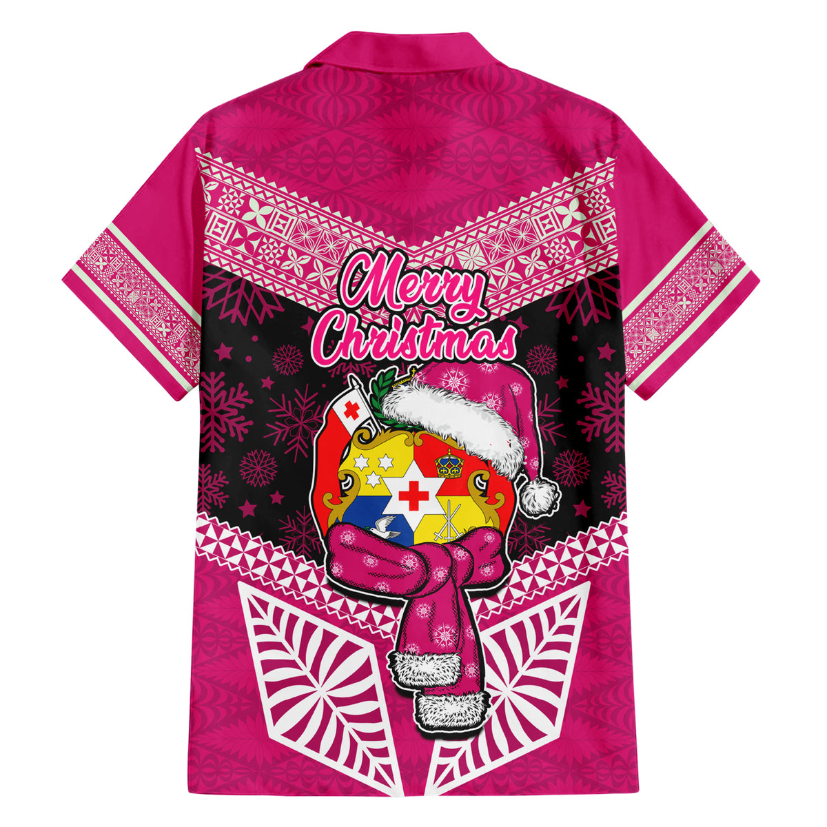 Tonga Christmas Family Matching Short Sleeve Bodycon Dress and Hawaiian Shirt Tongan Coat of Arms Santa With Ngatu Pattern Christmas Pink Style LT03 - Polynesian Pride