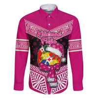 Tonga Christmas Family Matching Short Sleeve Bodycon Dress and Hawaiian Shirt Tongan Coat of Arms Santa With Ngatu Pattern Christmas Pink Style LT03 Dad's Shirt - Long Sleeve Pink - Polynesian Pride