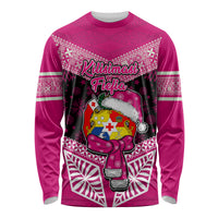 Tonga Christmas Long Sleeve Shirt Tongan Coat of Arms Santa With Ngatu Pattern Christmas Pink Style LT03 Unisex Pink - Polynesian Pride