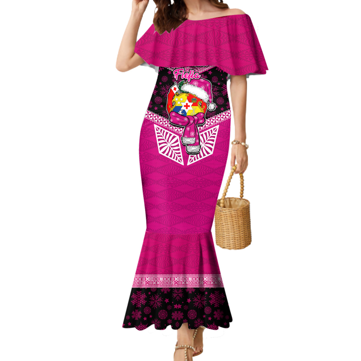 Tonga Christmas Mermaid Dress Tongan Coat of Arms Santa With Ngatu Pattern Christmas Pink Style LT03 Women Pink - Polynesian Pride