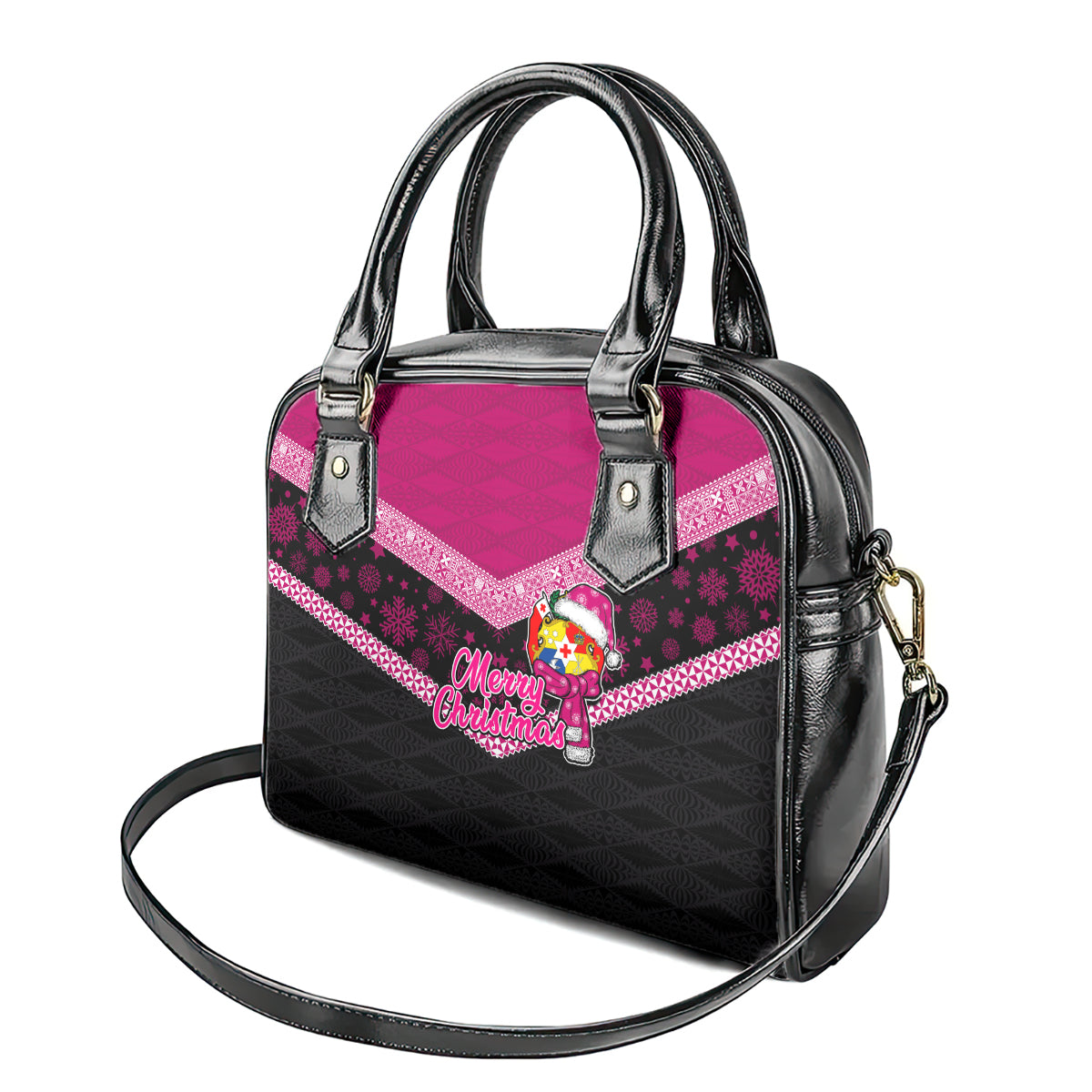 Tonga Christmas Shoulder Handbag Tongan Coat of Arms Santa With Ngatu Pattern Christmas Pink Style LT03 - Polynesian Pride