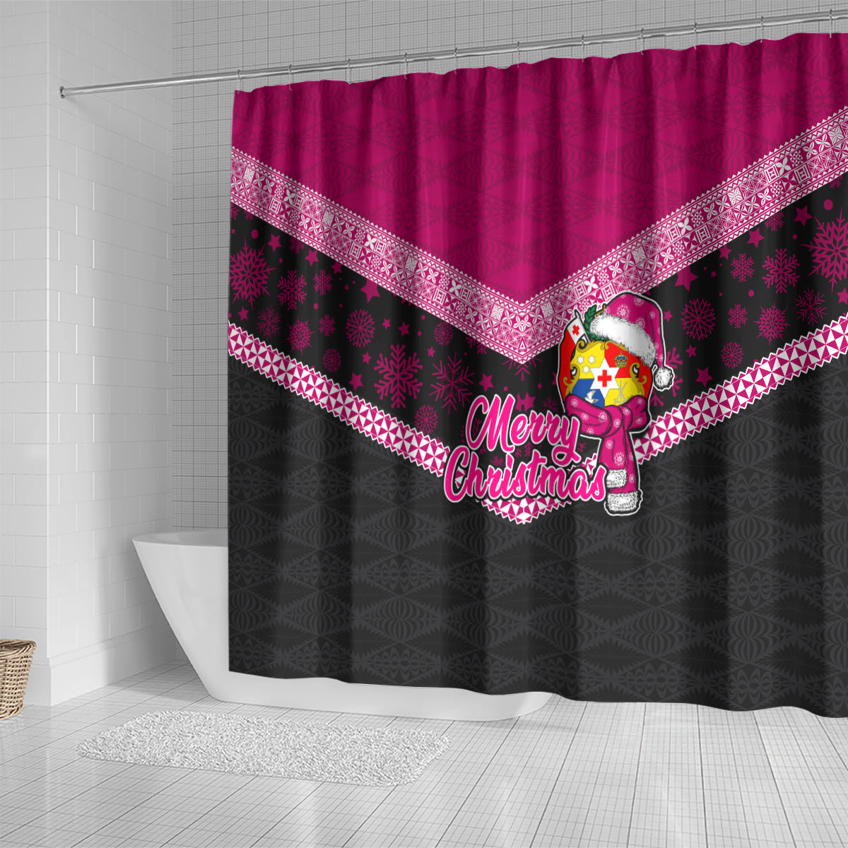 Tonga Christmas Shower Curtain Tongan Coat of Arms Santa With Ngatu Pattern Christmas Pink Style LT03 - Polynesian Pride