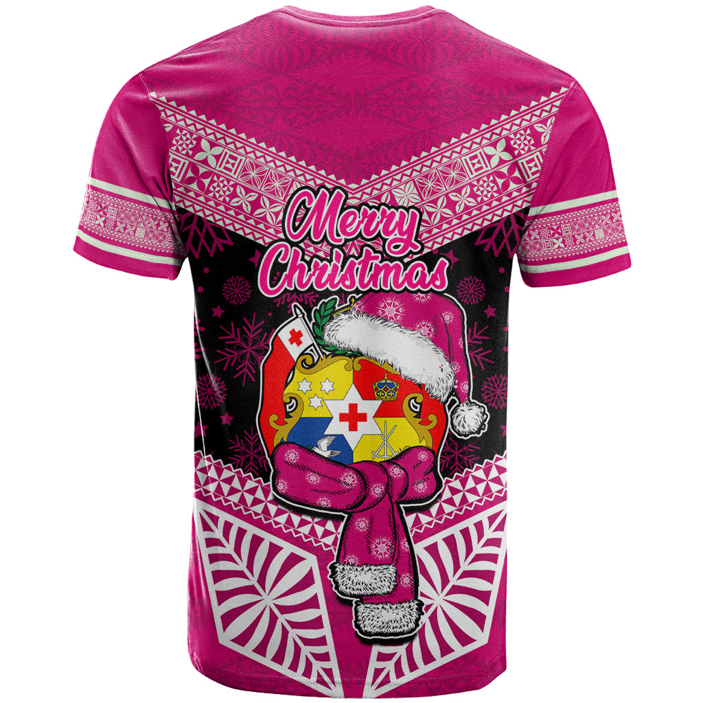 Tonga Christmas T Shirt Tongan Coat of Arms Santa With Ngatu Pattern Christmas Pink Style LT03 - Polynesian Pride