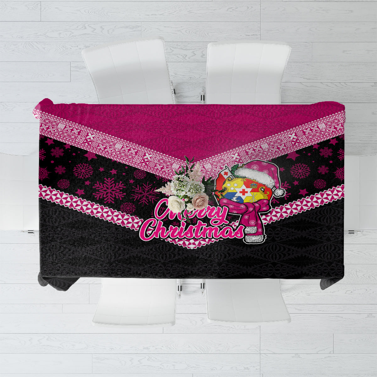 Tonga Christmas Tablecloth Tongan Coat of Arms Santa With Ngatu Pattern Christmas Pink Style LT03 Pink - Polynesian Pride