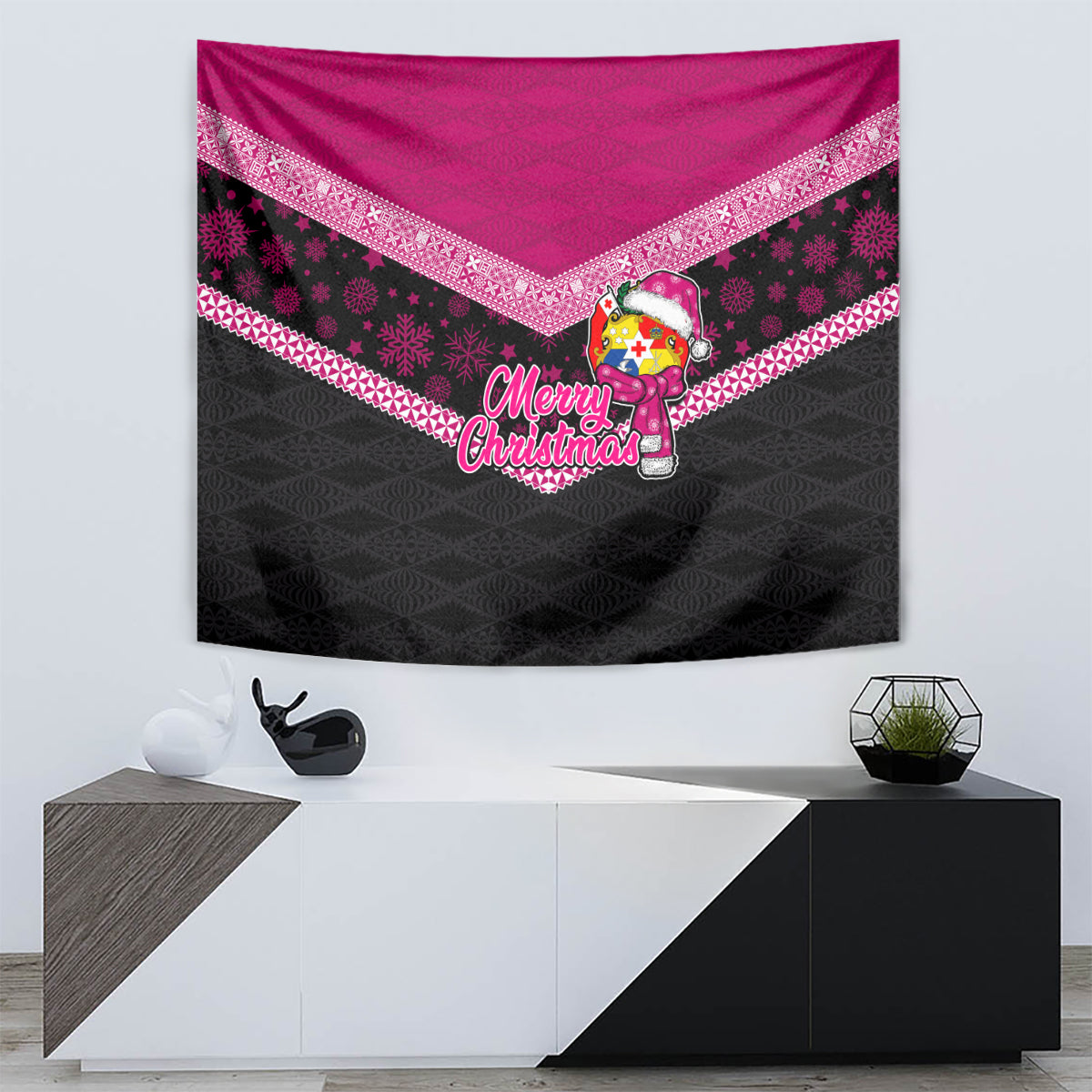 Tonga Christmas Tapestry Tongan Coat of Arms Santa With Ngatu Pattern Christmas Pink Style LT03 - Polynesian Pride