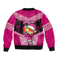 Personalised Tonga Christmas Bomber Jacket Tongan Coat of Arms Santa With Ngatu Pattern Christmas Pink Style LT03 - Polynesian Pride