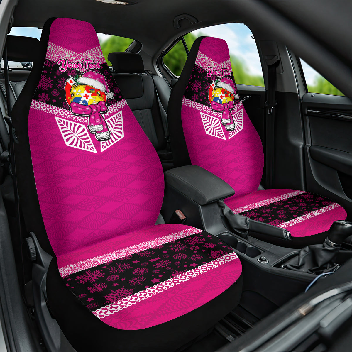 Personalised Tonga Christmas Car Seat Cover Tongan Coat of Arms Santa With Ngatu Pattern Christmas Pink Style LT03 One Size Pink - Polynesian Pride