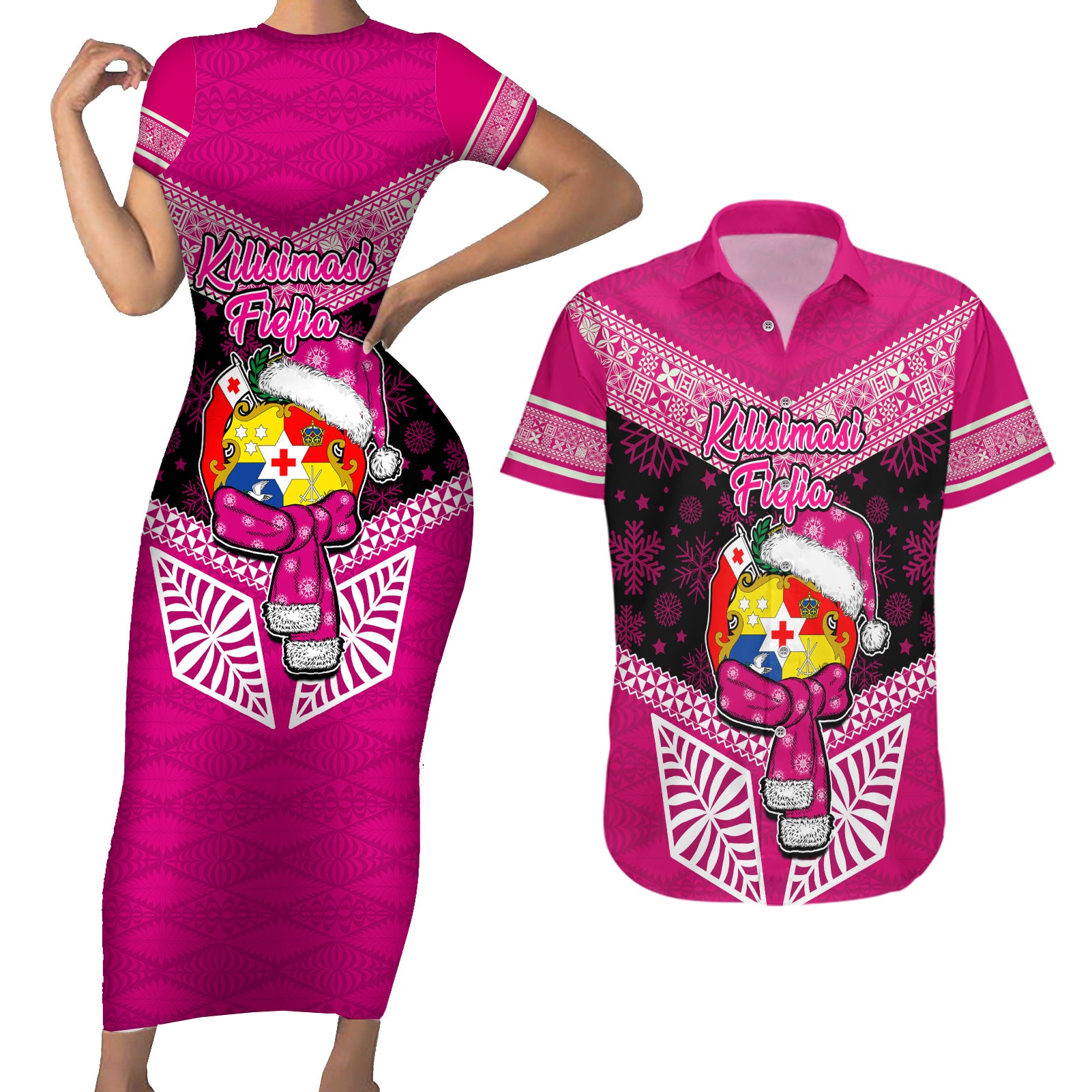 Personalised Tonga Christmas Couples Matching Short Sleeve Bodycon Dress and Hawaiian Shirt Tongan Coat of Arms Santa With Ngatu Pattern Christmas Pink Style LT03 Pink - Polynesian Pride