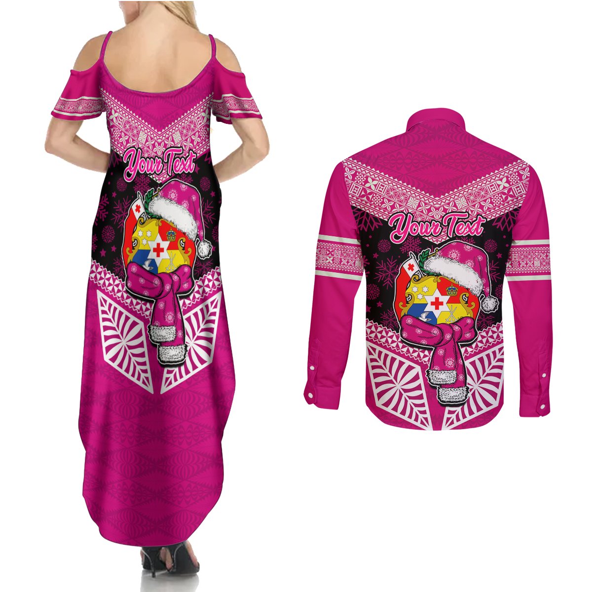 Personalised Tonga Christmas Couples Matching Summer Maxi Dress and Long Sleeve Button Shirts Tongan Coat of Arms Santa With Ngatu Pattern Christmas Pink Style LT03 - Polynesian Pride