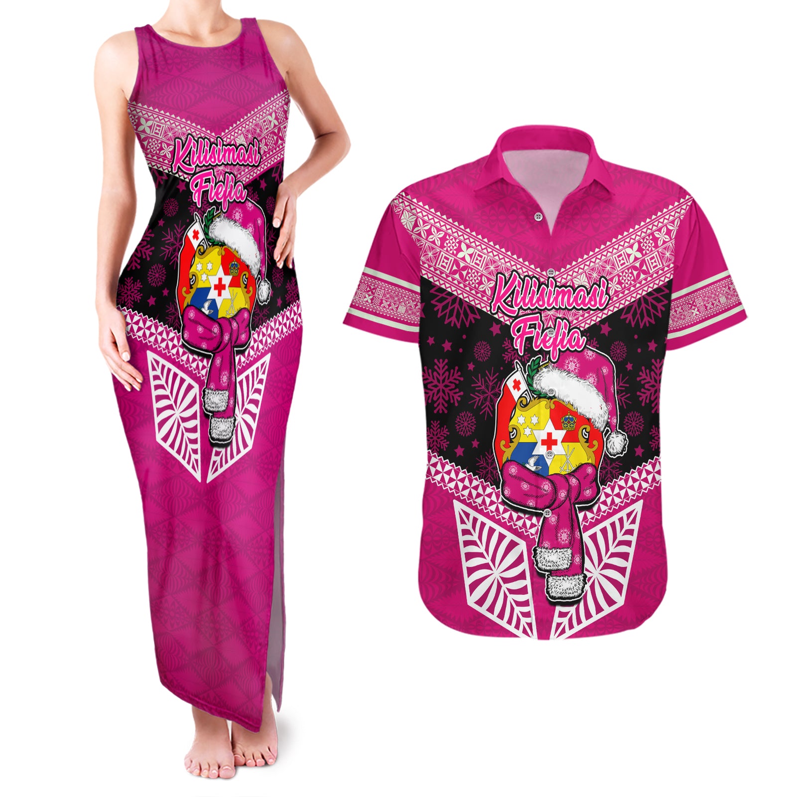 Personalised Tonga Christmas Couples Matching Tank Maxi Dress and Hawaiian Shirt Tongan Coat of Arms Santa With Ngatu Pattern Christmas Pink Style LT03 Pink - Polynesian Pride