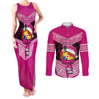 Personalised Tonga Christmas Couples Matching Tank Maxi Dress and Long Sleeve Button Shirts Tongan Coat of Arms Santa With Ngatu Pattern Christmas Pink Style LT03 Pink - Polynesian Pride