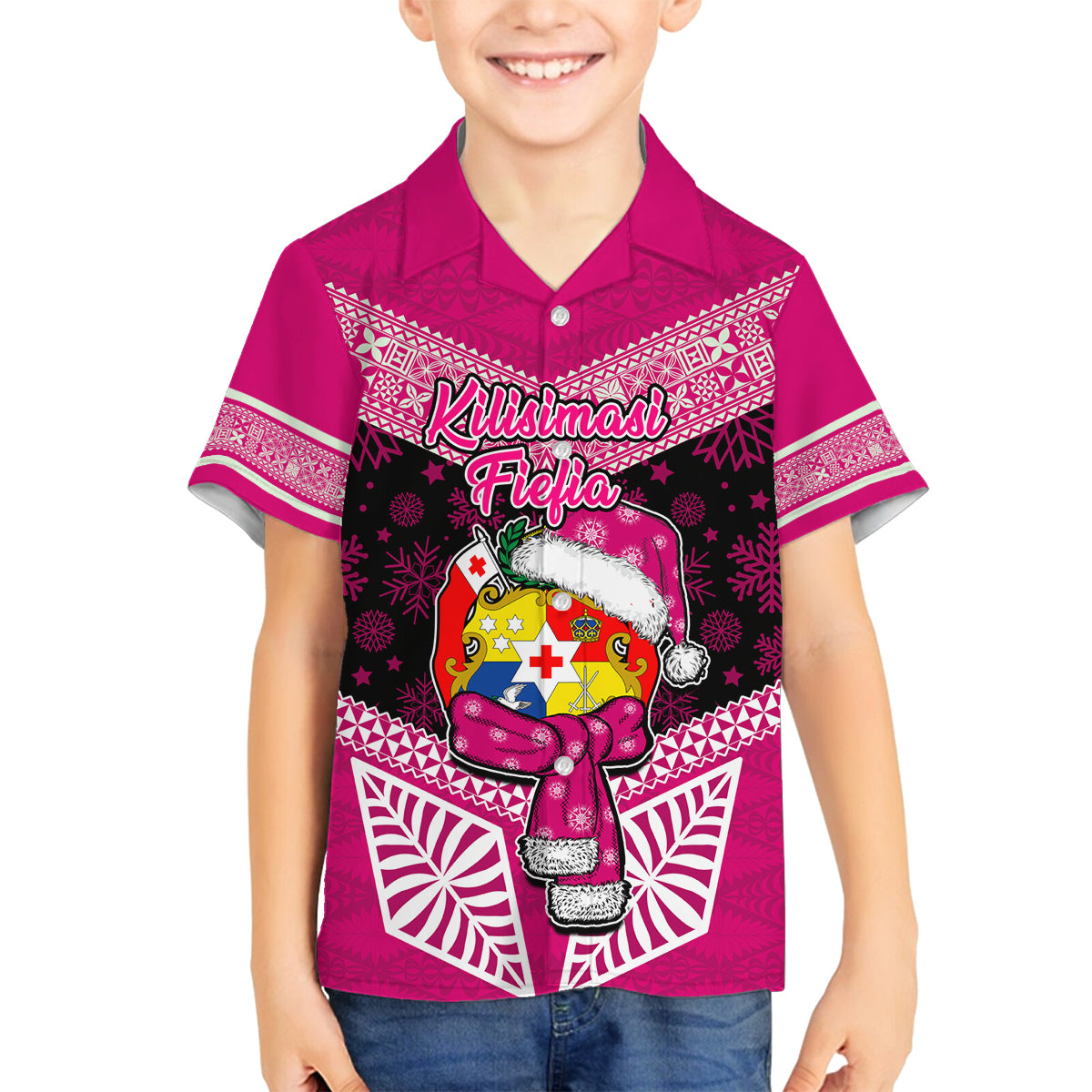 Personalised Tonga Christmas Family Matching Off Shoulder Maxi Dress and Hawaiian Shirt Tongan Coat of Arms Santa With Ngatu Pattern Christmas Pink Style LT03 Son's Shirt Pink - Polynesian Pride