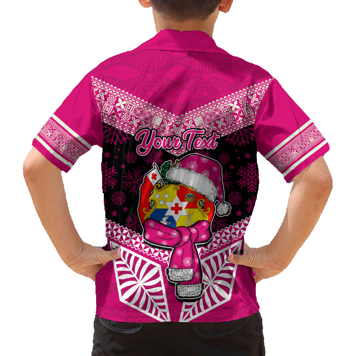 Personalised Tonga Christmas Family Matching Off Shoulder Short Dress and Hawaiian Shirt Tongan Coat of Arms Santa With Ngatu Pattern Christmas Pink Style LT03 - Polynesian Pride
