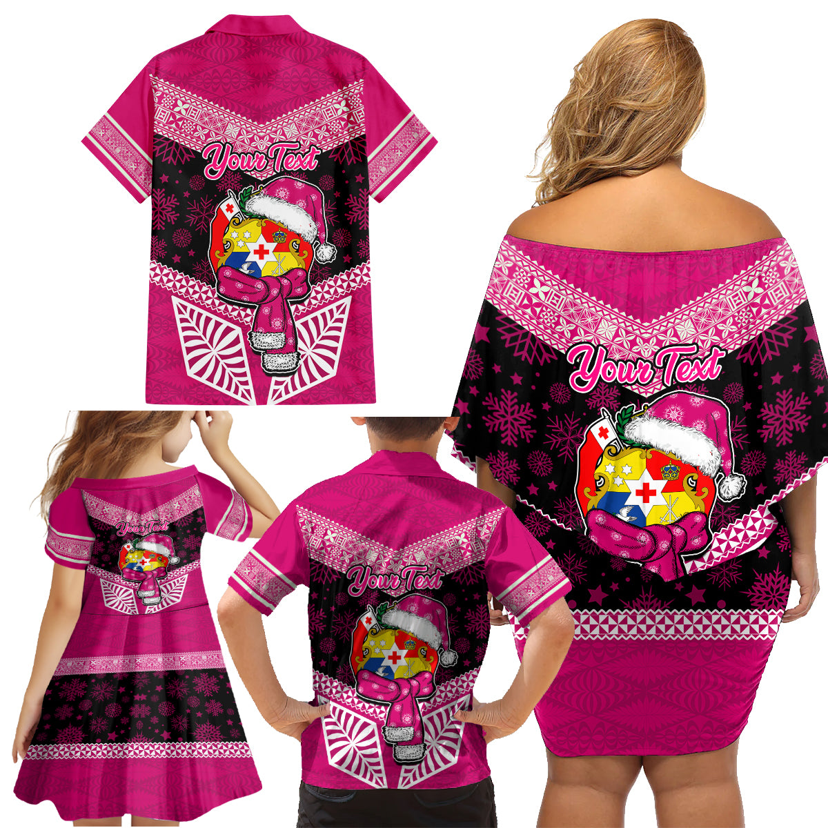Personalised Tonga Christmas Family Matching Off Shoulder Short Dress and Hawaiian Shirt Tongan Coat of Arms Santa With Ngatu Pattern Christmas Pink Style LT03 - Polynesian Pride