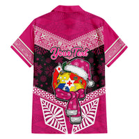 Personalised Tonga Christmas Family Matching Off Shoulder Short Dress and Hawaiian Shirt Tongan Coat of Arms Santa With Ngatu Pattern Christmas Pink Style LT03 - Polynesian Pride