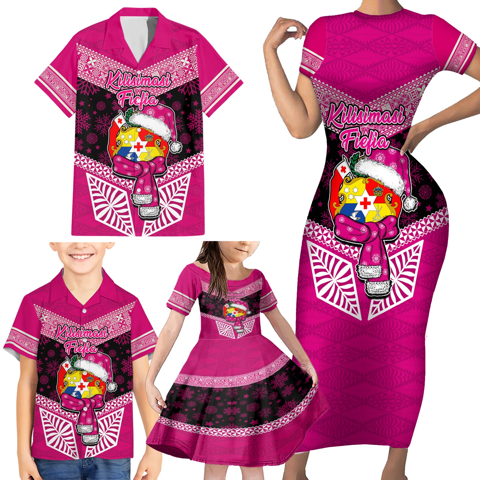 Personalised Tonga Christmas Family Matching Short Sleeve Bodycon Dress and Hawaiian Shirt Tongan Coat of Arms Santa With Ngatu Pattern Christmas Pink Style LT03 - Polynesian Pride