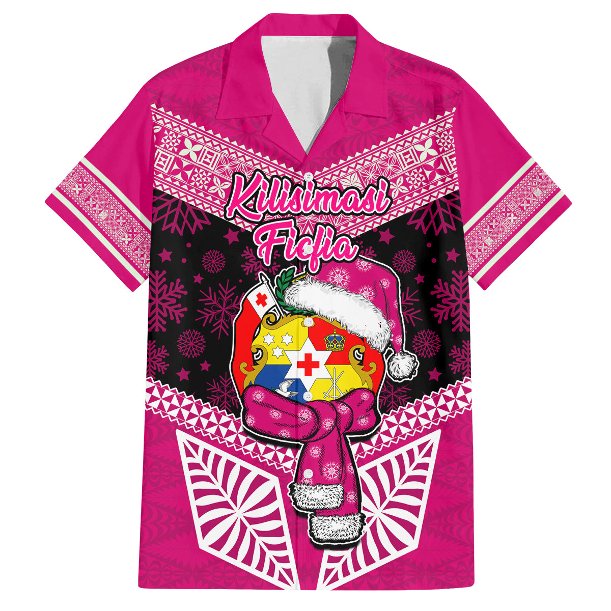 Personalised Tonga Christmas Family Matching Summer Maxi Dress and Hawaiian Shirt Tongan Coat of Arms Santa With Ngatu Pattern Christmas Pink Style LT03 Dad's Shirt - Short Sleeve Pink - Polynesian Pride