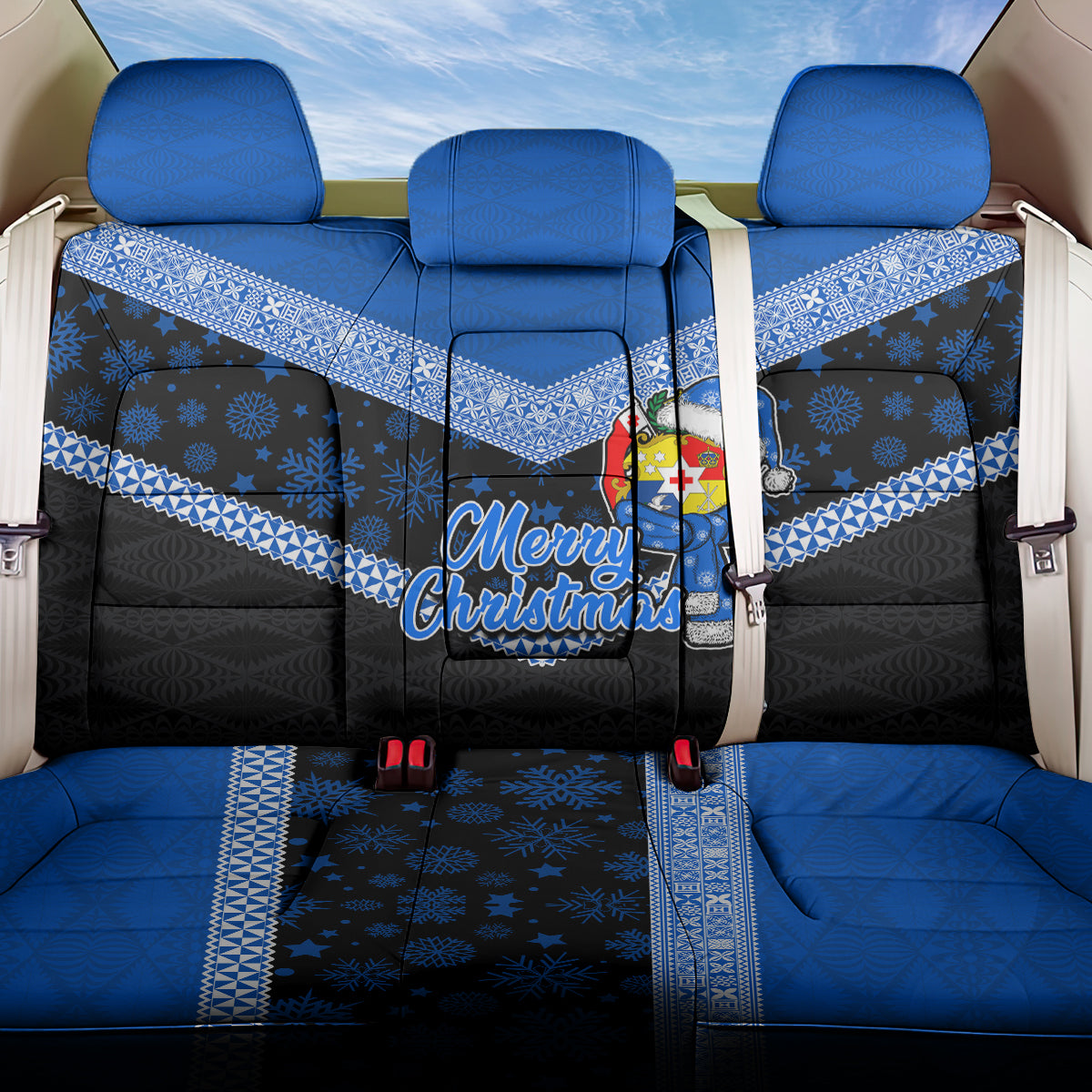 Tonga Christmas Back Car Seat Cover Tongan Coat of Arms Santa With Ngatu Pattern Christmas Blue Style