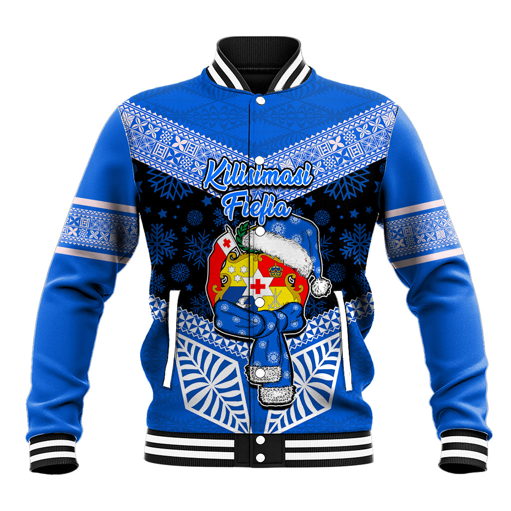 Tonga Christmas Baseball Jacket Tongan Coat of Arms Santa With Ngatu Pattern Christmas Blue Style LT03 Unisex Blue - Polynesian Pride