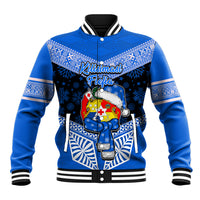 Tonga Christmas Baseball Jacket Tongan Coat of Arms Santa With Ngatu Pattern Christmas Blue Style LT03 Unisex Blue - Polynesian Pride