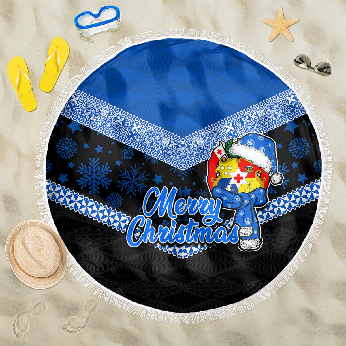 Tonga Christmas Beach Blanket Tongan Coat of Arms Santa With Ngatu Pattern Christmas Blue Style LT03 One Size 150cm Blue - Wonder Print Shop
