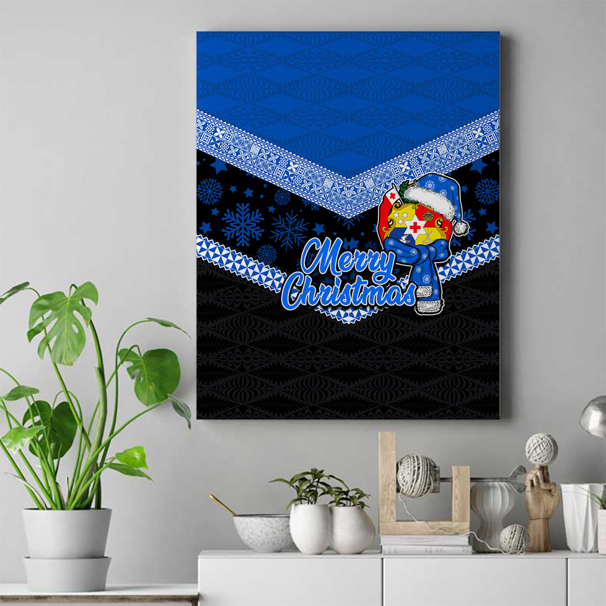 Tonga Christmas Canvas Wall Art Tongan Coat of Arms Santa With Ngatu Pattern Christmas Blue Style LT03 Blue - Polynesian Pride