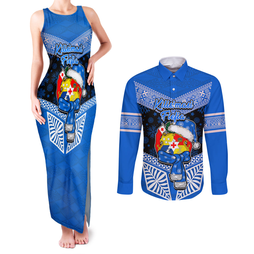 Tonga Christmas Couples Matching Tank Maxi Dress and Long Sleeve Button Shirts Tongan Coat of Arms Santa With Ngatu Pattern Christmas Blue Style LT03 Blue - Polynesian Pride