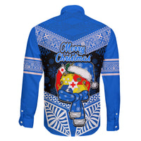 Tonga Christmas Family Matching Off Shoulder Maxi Dress and Hawaiian Shirt Tongan Coat of Arms Santa With Ngatu Pattern Christmas Blue Style LT03 - Polynesian Pride