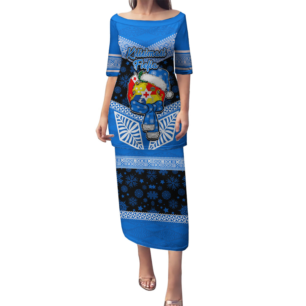 Tonga Christmas Family Matching Puletasi Dress and Hawaiian Shirt Tongan Coat of Arms Santa With Ngatu Pattern Christmas Blue Style LT03 Mom's Dress Blue - Polynesian Pride