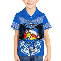 Tonga Christmas Kid Hawaiian Shirt Tongan Coat of Arms Santa With Ngatu Pattern Christmas Blue Style LT03 Kid Blue - Polynesian Pride