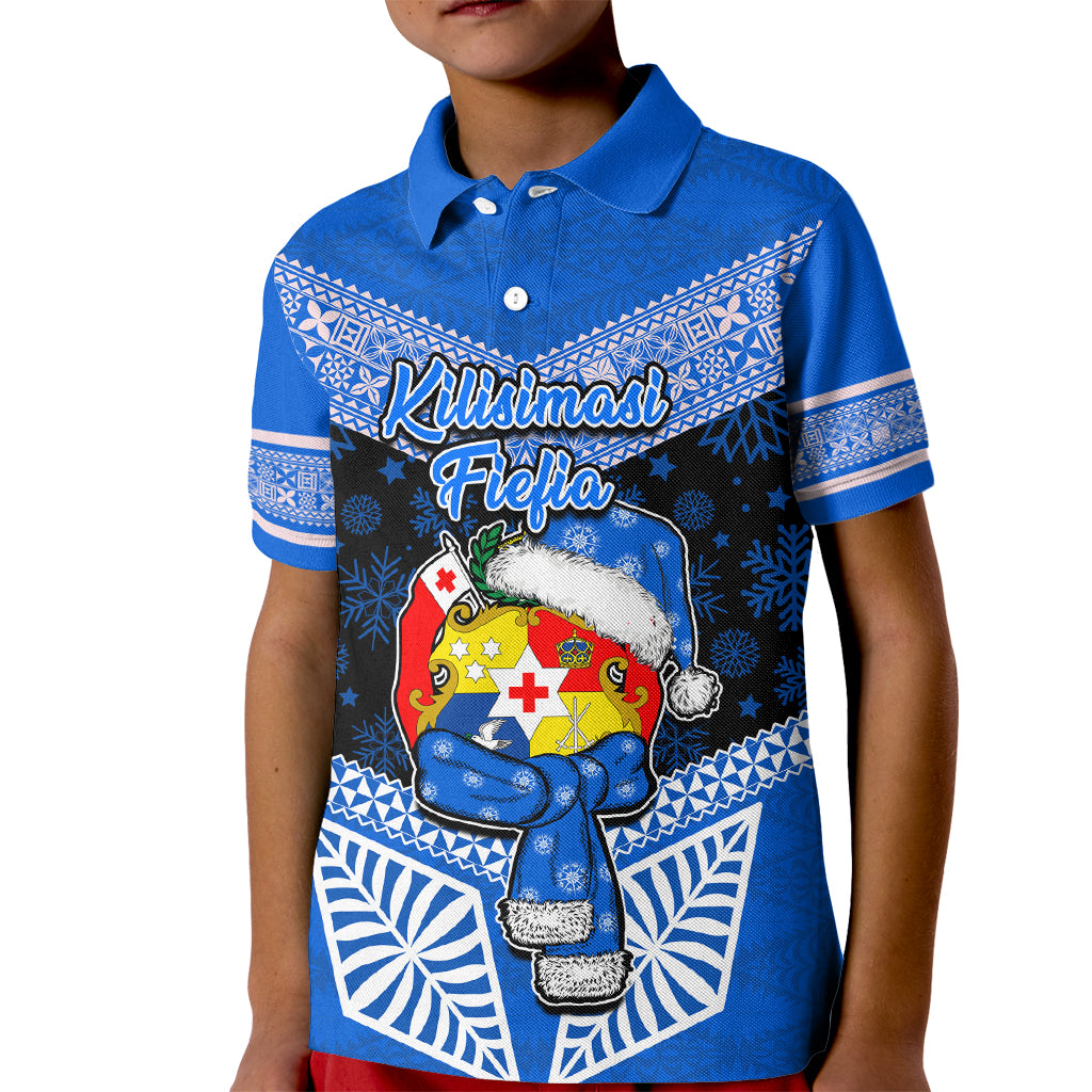 Tonga Christmas Kid Polo Shirt Tongan Coat of Arms Santa With Ngatu Pattern Christmas Blue Style LT03 Kid Blue - Polynesian Pride