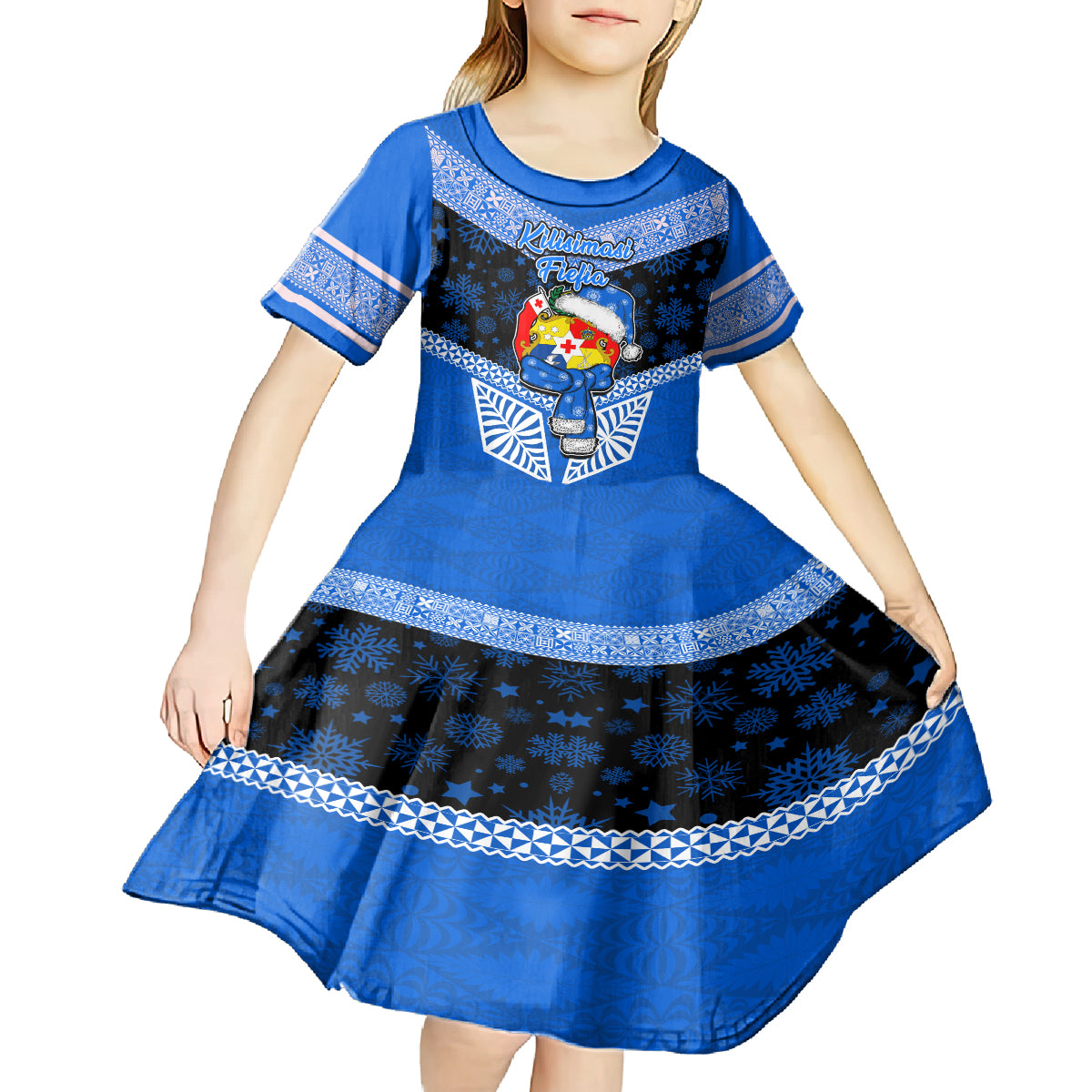 Tonga Christmas Kid Short Sleeve Dress Tongan Coat of Arms Santa With Ngatu Pattern Christmas Blue Style LT03 - Polynesian Pride