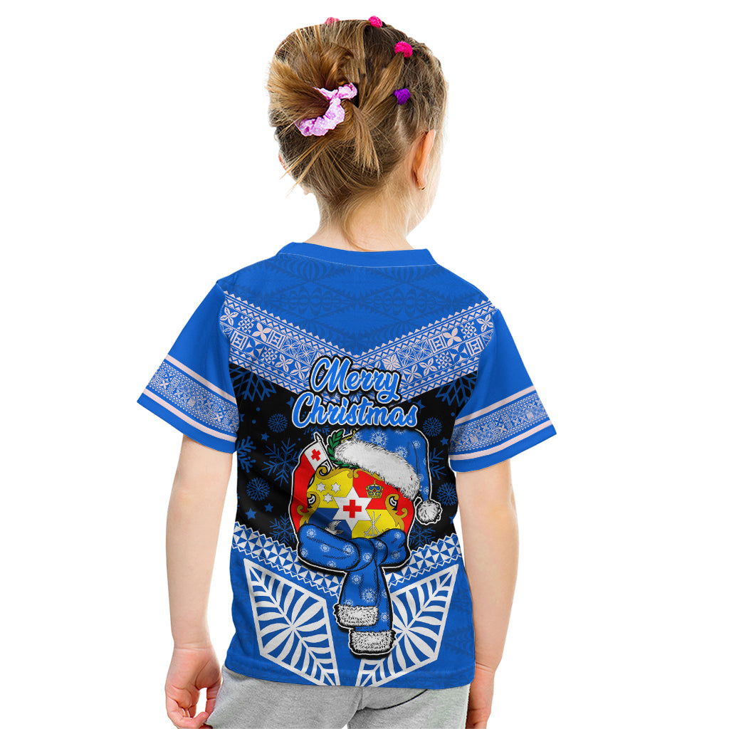 Tonga Christmas Kid T Shirt Tongan Coat of Arms Santa With Ngatu Pattern Christmas Blue Style LT03 - Polynesian Pride