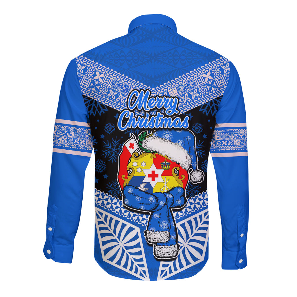 Tonga Christmas Long Sleeve Button Shirt Tongan Coat of Arms Santa With Ngatu Pattern Christmas Blue Style LT03 - Polynesian Pride