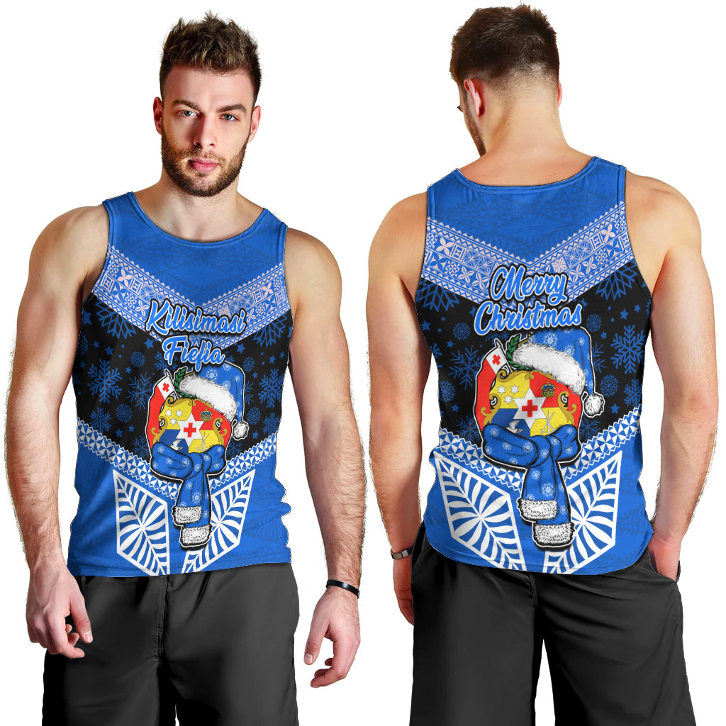 Tonga Christmas Men Tank Top Tongan Coat of Arms Santa With Ngatu Pattern Christmas Blue Style LT03 - Polynesian Pride