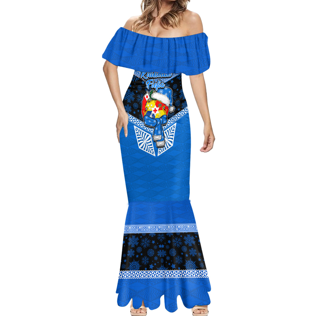 Tonga Christmas Mermaid Dress Tongan Coat of Arms Santa With Ngatu Pattern Christmas Blue Style LT03 - Polynesian Pride