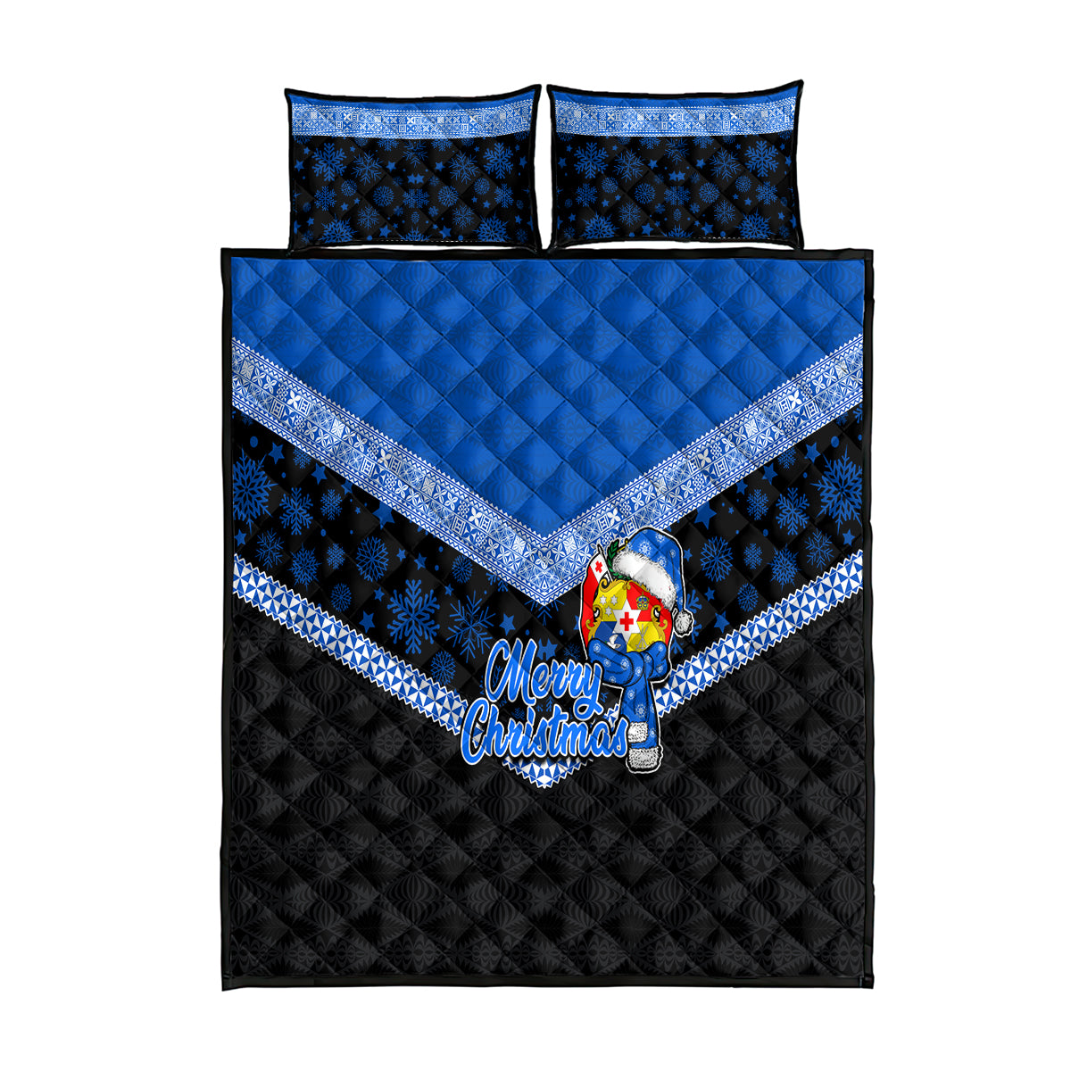 Tonga Christmas Quilt Bed Set Tongan Coat of Arms Santa With Ngatu Pattern Christmas Blue Style LT03 Blue - Polynesian Pride