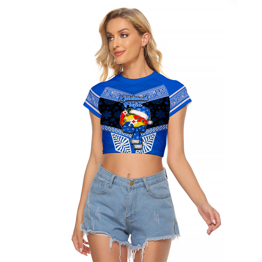 Tonga Christmas Raglan Cropped T Shirt Tongan Coat of Arms Santa With Ngatu Pattern Christmas Blue Style LT03 Female Blue - Polynesian Pride