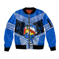 Tonga Christmas Sleeve Zip Bomber Jacket Tongan Coat of Arms Santa With Ngatu Pattern Christmas Blue Style LT03 Unisex Blue - Polynesian Pride