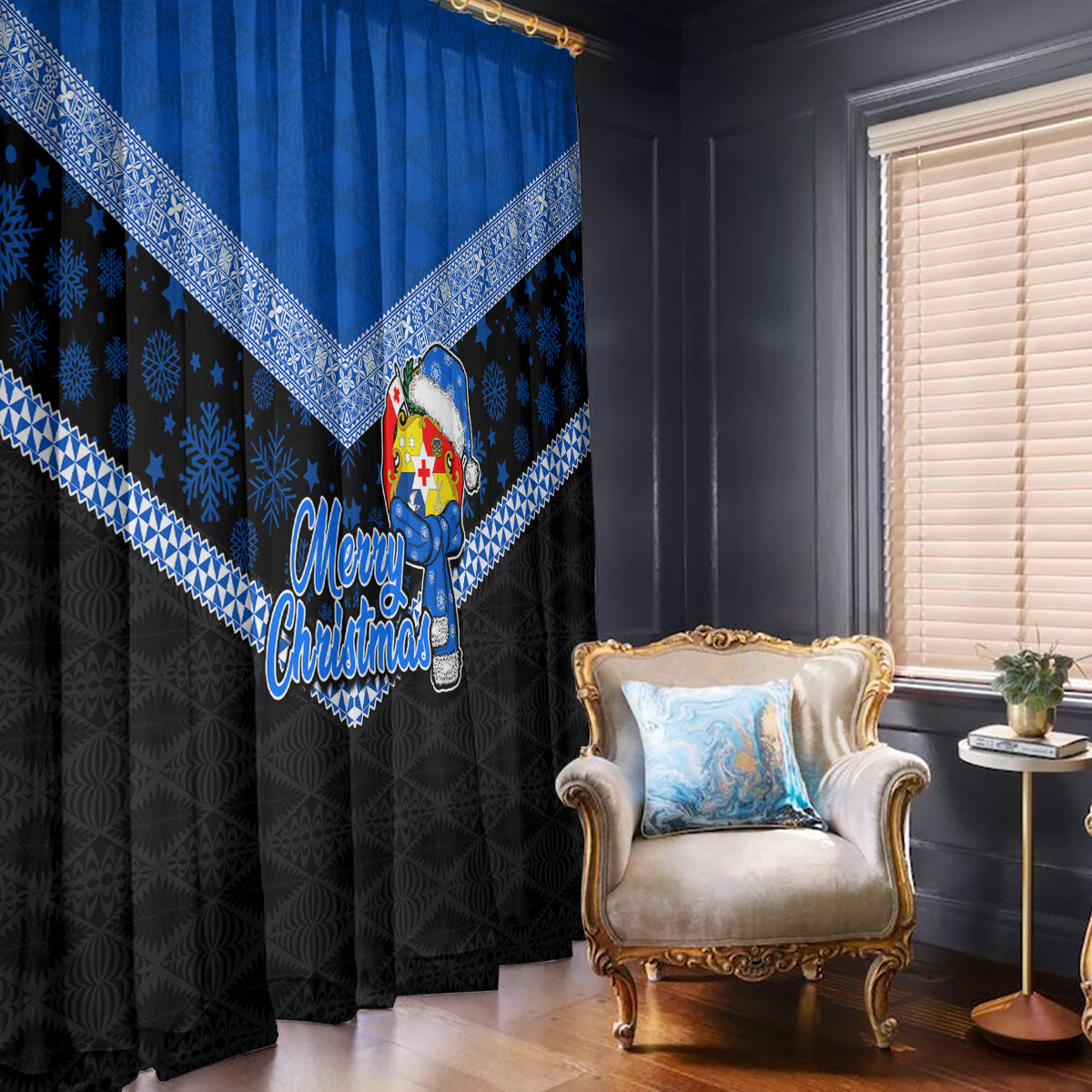 Tonga Christmas Window Curtain Tongan Coat of Arms Santa With Ngatu Pattern Christmas Blue Style LT03 With Hooks Blue - Polynesian Pride